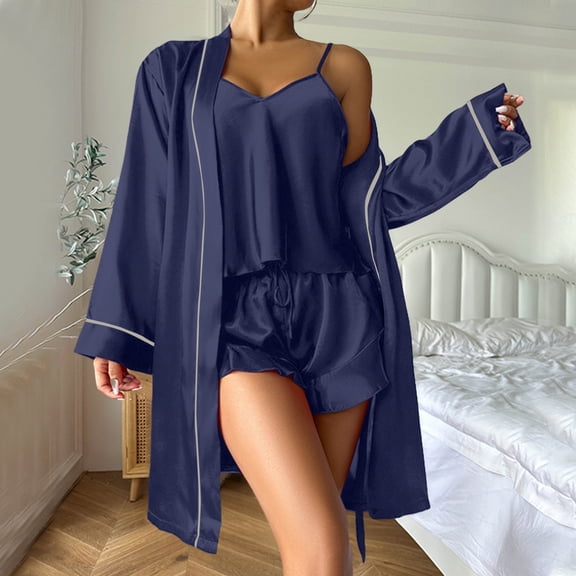 FCLoft Women's Long Nightdress 3-Piece Set - Elegant Top, Shorts & Robe Pajama Sleepwear Loungewear