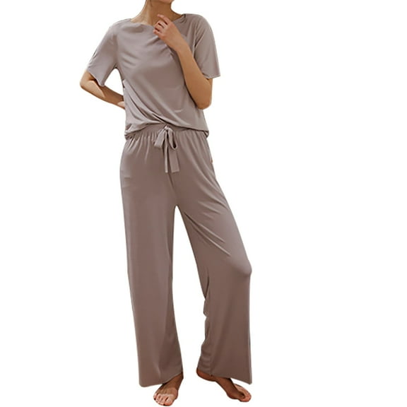 FCLoft Women's Lounge Tracksuit 2-Piece Set - Casual Loose Fit Short Sleeve Top & Wide Leg Pants