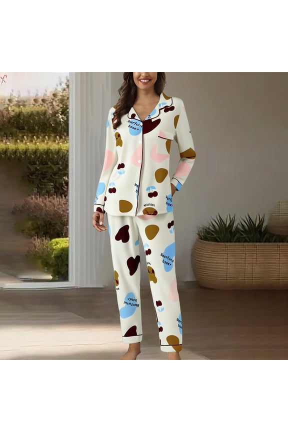 Women's Viscose from Bamboo Pajama Set - M-XXL Cute Prints Button Down Long Sleeve Lounge Set