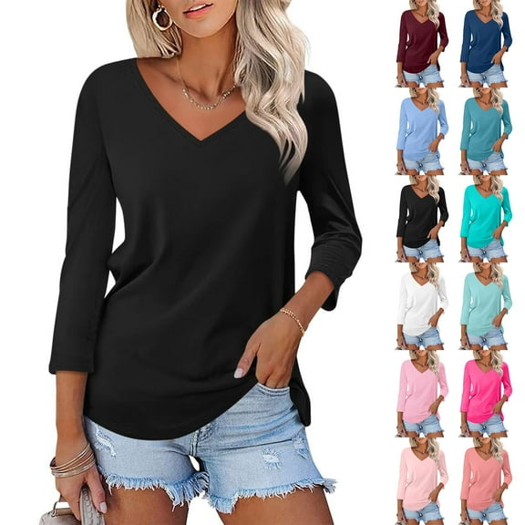 FCLoft Womens Tops 3/4 Length Sleeve Summer V Neck Shirts Casual Tunic Tops 2025
