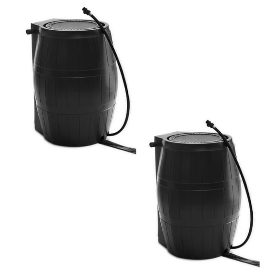 FCMP Outdoor 50-Gallon BPA Free Home Rain Water Barrel, Black (2 Pack)