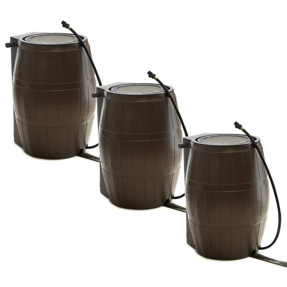 FCMP Outdoor 50-Gallon BPA Free Home Rain Water Barrel, Brown (3 Pack)