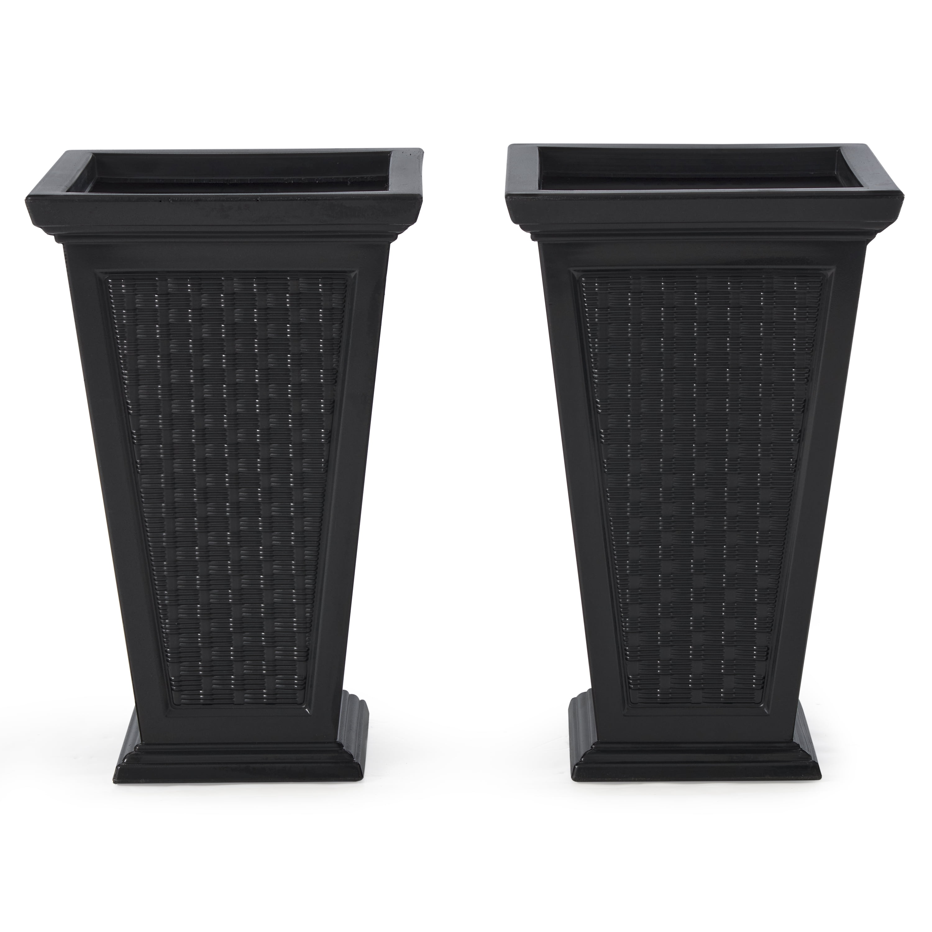 FCMP Outdoor MOD-WP3000 Wicker-Pattern Resin 24" Tall Indoor/Outdoor Self-Watering Pedestal Taper Planter, Black, 2 Pack