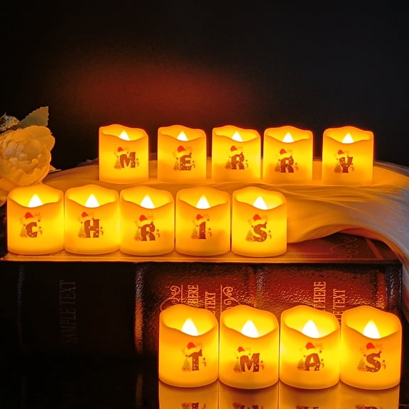 FCMSHAMD 1.6 Inch Mini LED Pillar Candle UV Printed Tea Light Flameless Candles Battery Operated Tealight Candle for Holiday Party Home Decor, 14 Pcs