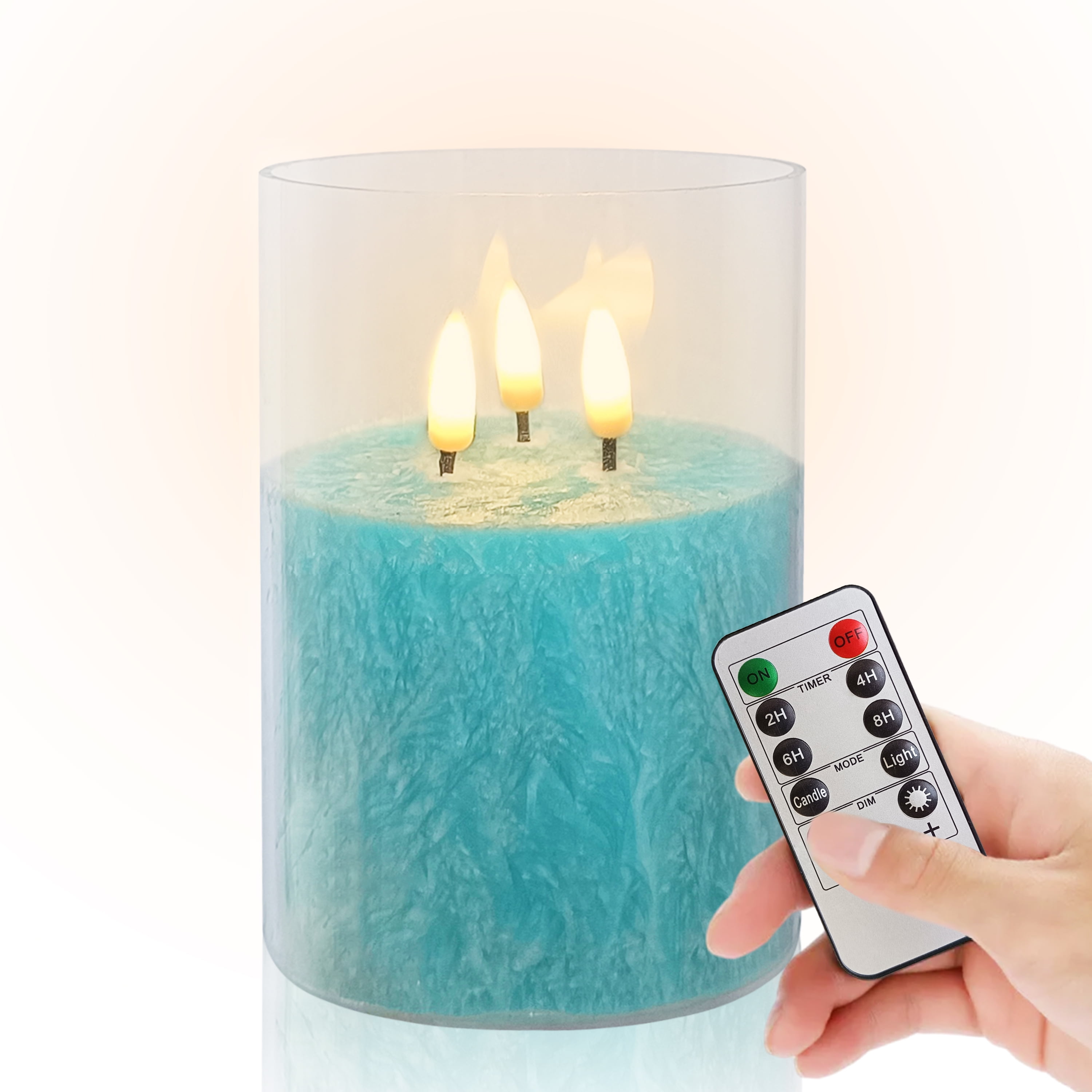 FCMSHAMD 5Inch Flameless Candle with 3 Wicks, Glass LED Pillar Candle, Real Wax Battery Operated Candle with Remote Control and Timer, Blue