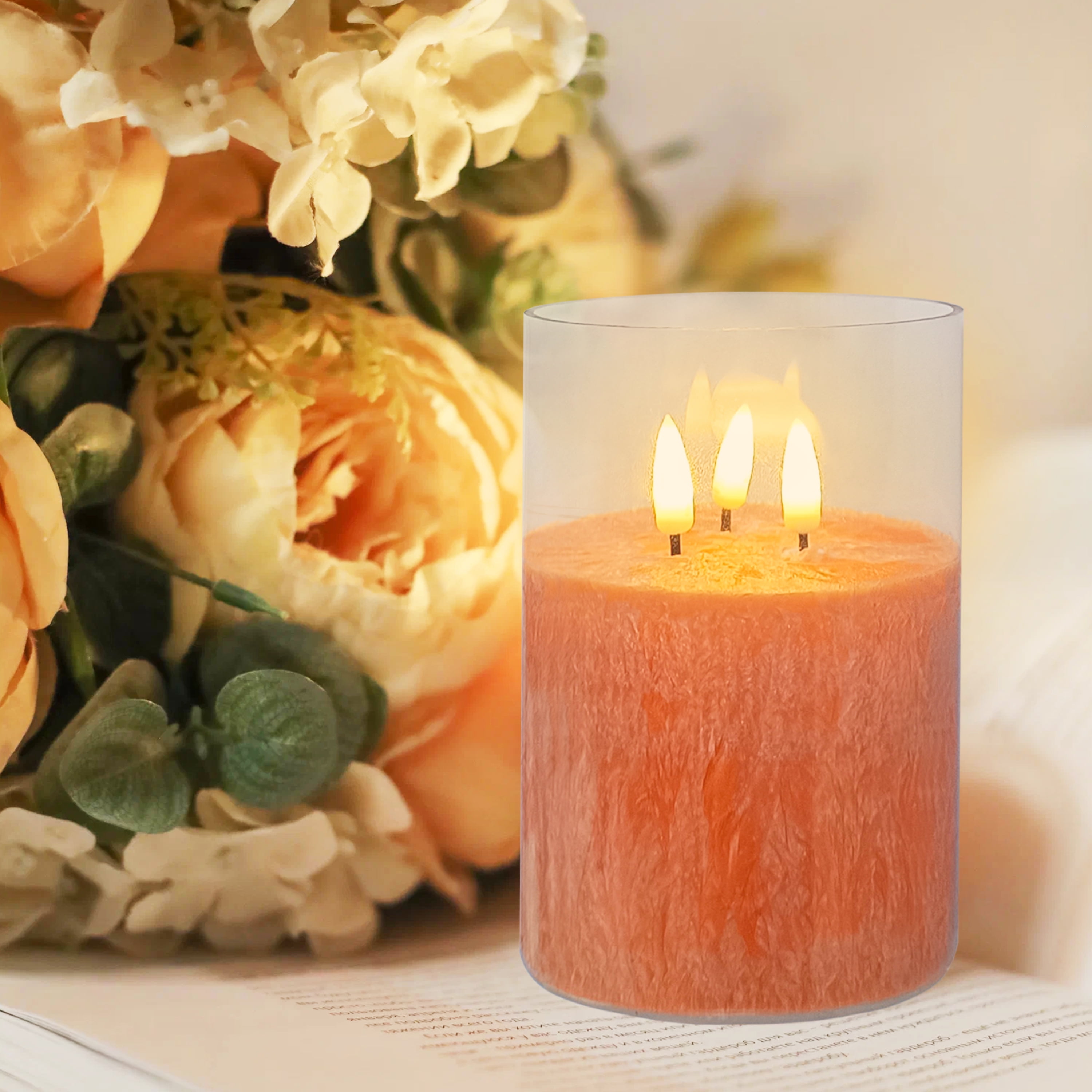 FCMSHAMD 5Inch Flameless Candle with 3 Wicks, Glass LED Pillar Candle, Real Wax Battery Operated Candle with Remote Control and Timer, Orange
