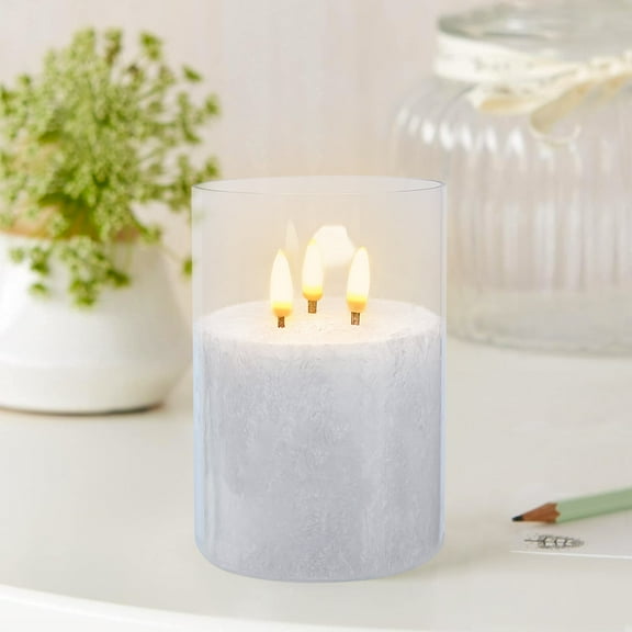FCMSHAMD 5Inch Flameless Candle with 3 Wicks, Glass LED Pillar Candle, Real Wax Battery Operated Candle with Remote Control and Timer, White