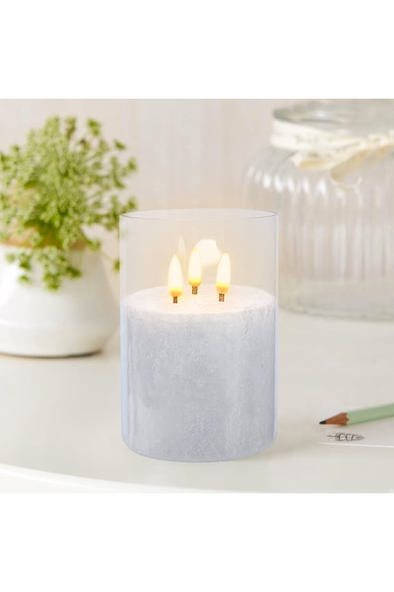 5Inch Flameless Candle with 3 Wicks, Glass LED Pillar Candle, Real Wax Battery Operated Candle with Remote Control and Timer, White