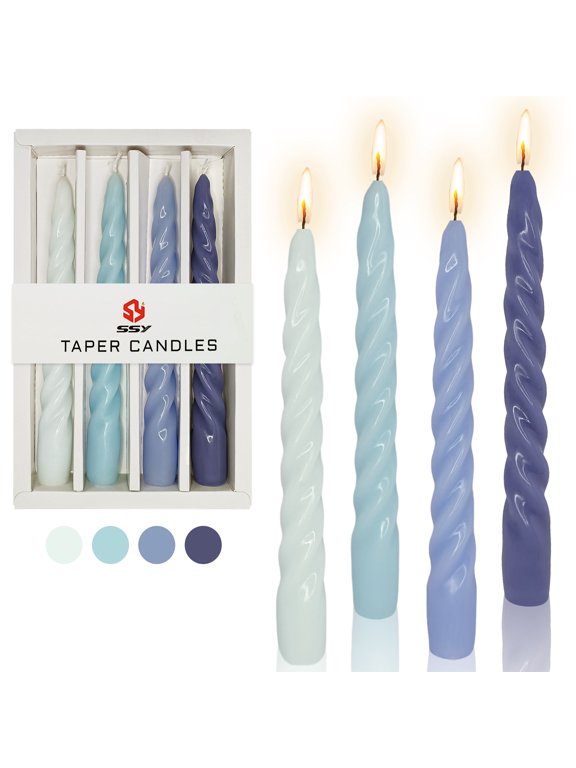 7.3 inch Handmade Taper Candles Gradiented Blue Candle Sticks Unscented Spiral Candles Sets for Home Decoration Wedding Party , Pack of 4