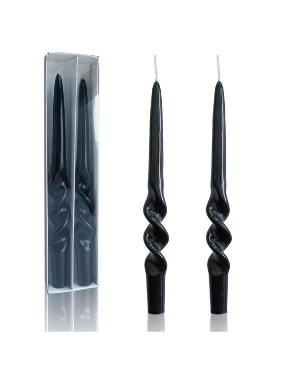 9.3" Spiral Dripless Taper Candles Wedding Festive Dinner Candles Unscented Pillar Candles, Black Pack of 2