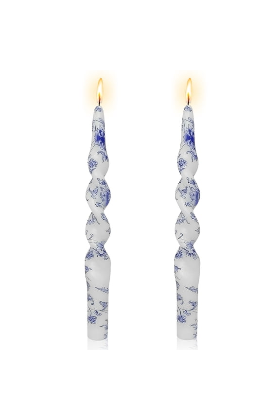 9.8inch Chinoiserie Taper Candles Blue Flower Printed Spiral Candle Handmade Twisted Unscented Candle Christmas Candles Sticks, Exquisite Candle Gift for Home Decoration Pack of 2