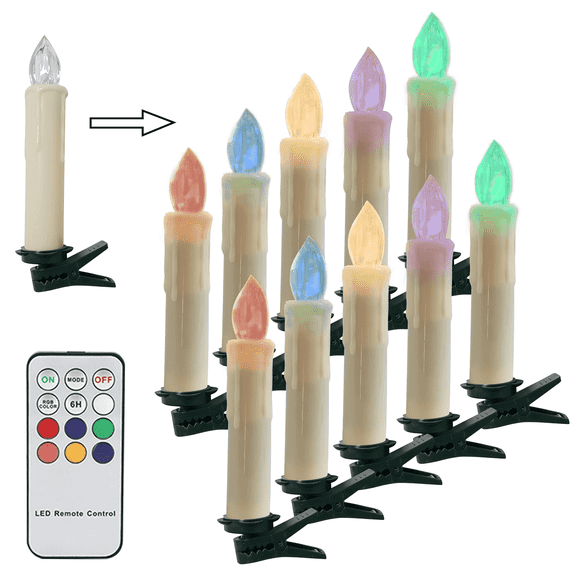 FCMSHAMD Flameless Candles Battery Powered Remote Control 4 inch LED Taper Candles with Clip, Multi-Color Flickering Warm White Lights Candle Sticks, Christmas Candles for Tree, Pack of 10