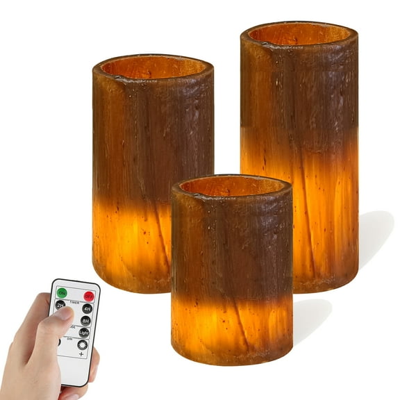FCMSHAMD Flickering Flameless Candles with Remote Timer, 4" 5" 6" Realistic 3D Flame Retro countryside Pillar LED Candles,Battery Operated Candles for Wedding Home Decoration, Christmas,3 Pack