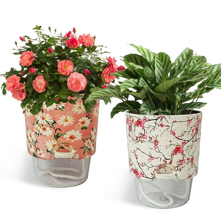 FCMSHAMD Plant Pots 5 inch Set of 2, Self Watering Flower Pots Indoor Outdoor, Self Watering Planters with Drainage Hole & Clear Saucer Reservoir