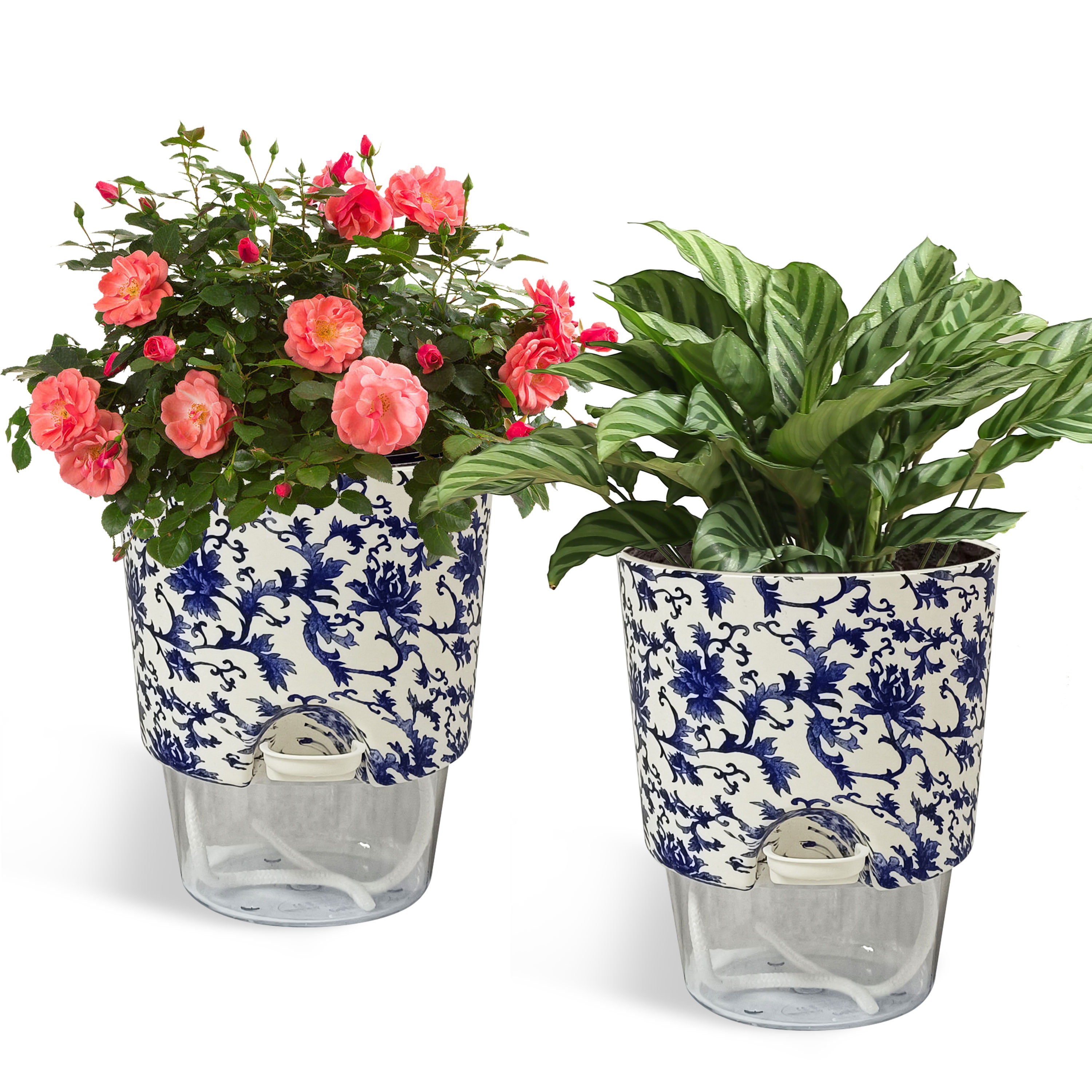 FCMSHAMD Plant Pots 5 inch Set of 2, Self Watering Flower Pots Indoor Outdoor, Self Watering Planters with Drainage Hole & Clear Saucer Reservoir