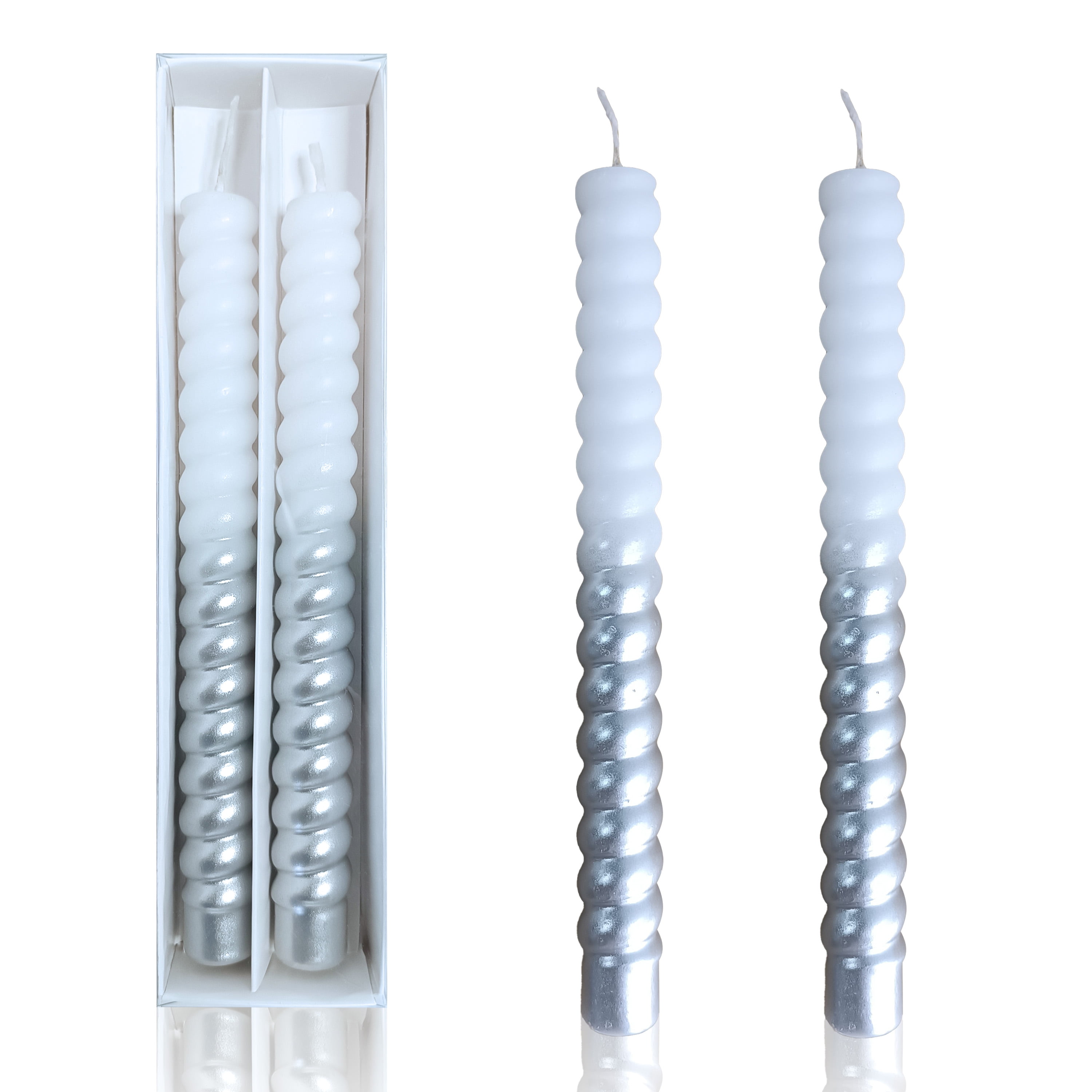 FCMSHAMD Silver Taper Candles Dripless Spiral (2 Pack)