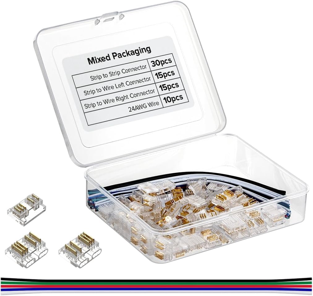 FCOB 5Pin 12mm 0.47in Transparent Connector Kit 30pcs Strip to Wire 30pcs Gapless Solderless Connectors 10pcs 5.9in Long 24AWG Extension Wire Support FCOB RGBW (+ R G B W) LED Strip
