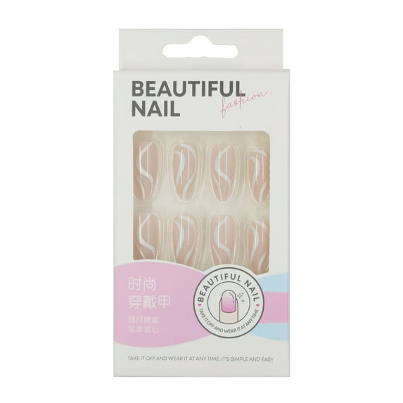 FCOGIN Long Almond, 24 Pieces, Pink, White, Stripe, Acrylic False Nail, Press on Nail