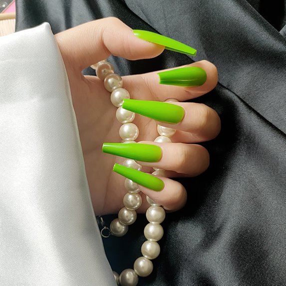 FCOGIN Long Coffin, 24 Pieces, Avocado Green, Glossy Finish, Acrylic False Nail, Press on Nail