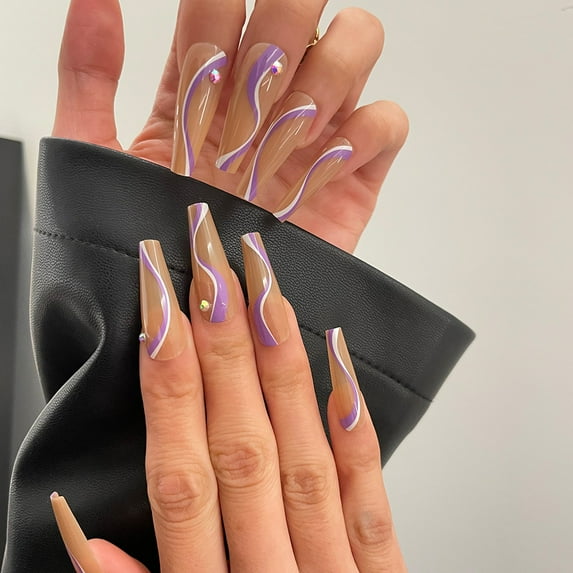FCOGIN Long Coffin, 24 Pieces, Brown, Purple, Wave, Rhinestone, Acrylic False Nail, Press on Nail