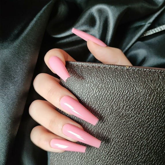 FCOGIN Long Coffin, 24 Pieces, Peach Pink, Glossy Finish, Acrylic False Nail, Press on Nail
