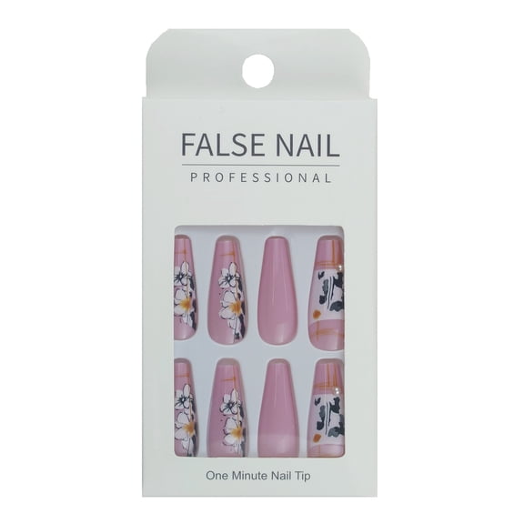 FCOGIN Long Coffin False Nail, Acrylic Nail, Press on Nail, Pink, Black, Brown, Flower, 24 Pieces