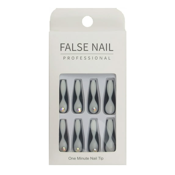 FCOGIN Long Coffin False Nail, Acrylic Nail, Press on Nail, White, Black, Rinestone, 24 Pieces
