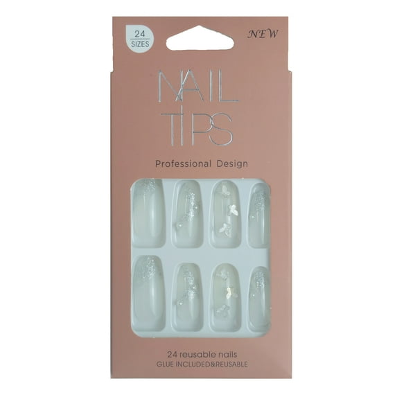 FCOGIN Long Oval False Nail, Full Cover Press on Nail, Gray, Butterfly, Rinestone, 24 Pieces