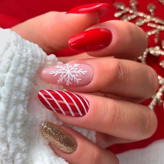 FCOGIN Medium Almond, 24 Pieces, Red, Pink, Gold, Christmas, Acrylic False Nail, Press on Nail