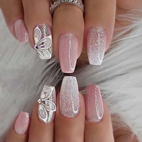 FCOGIN Medium Coffin Acrylic False Nail, Press on Nail, Pink, Rinestone, Glitter, Flower, 24 Pieces