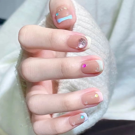 FCOGIN Medium Square, 24 Pieces, Pink, Blue, White, Rhinestone, Acrylic False Nail, Press on Nail