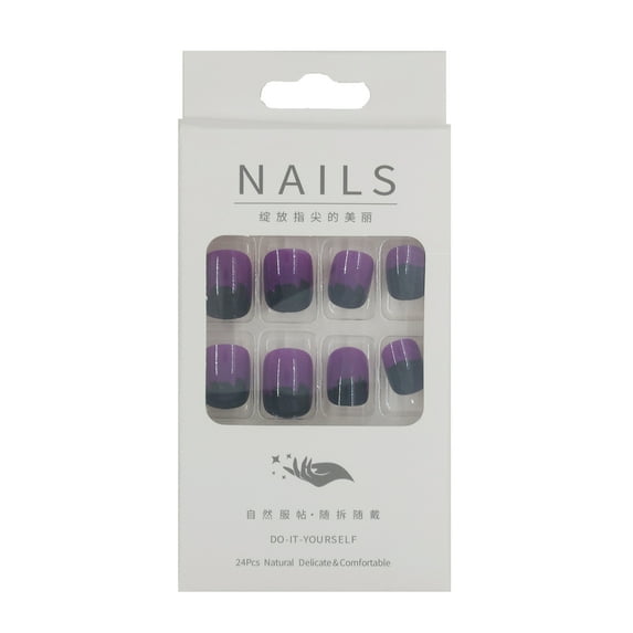 FCOGIN Medium Squoval, 24 Pieces, Purple, Black, Acrylic False Nail, Press on Nail