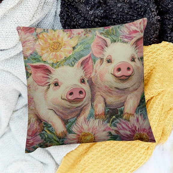 FCXZI 100% Linen Pillow Case Pigs Flowers Kitsch Movement Home Decor 18x18in