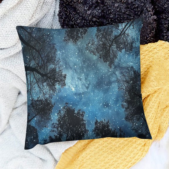FCXZI 100% Linen Pillow Covers Decoration with Stars and Trees Night Sky Theme for Home Sofa Couch Decor Indoor Use 18x18in