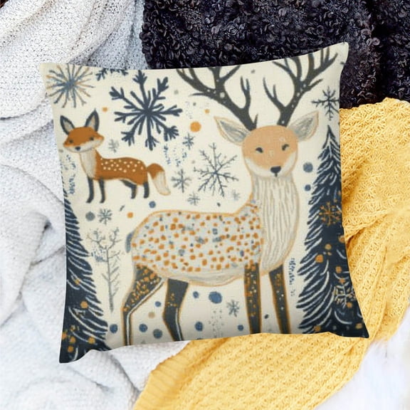 FCXZI 100% Linen Pillow Covers Deer Fox Snowflakes Home Decor 18x18in