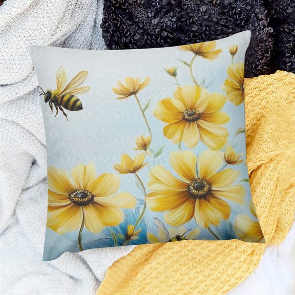 FCXZI 100% Linen Pillow Covers Floral Bee Farmhouse Decor Set of 1 20x20in