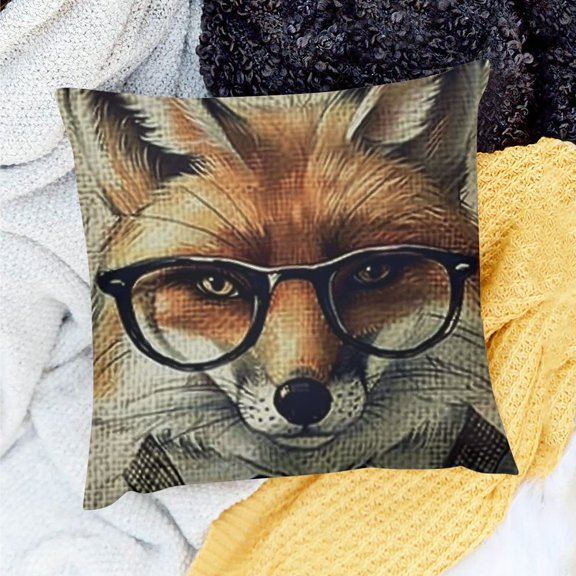 FCXZI 100% Linen Pillow Covers Fox with Glasses and Tie Party Decor for Home Sofa Couch 18x18in
