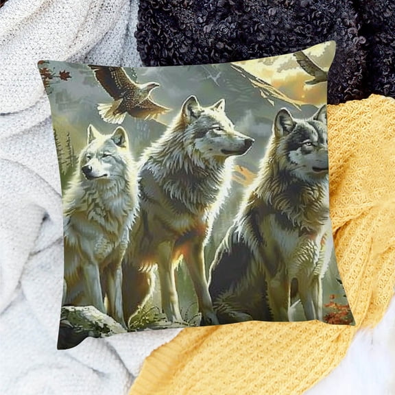 FCXZI 100% Linen Pillow Covers Wolf Eagle Forest Home Decor 18x18in