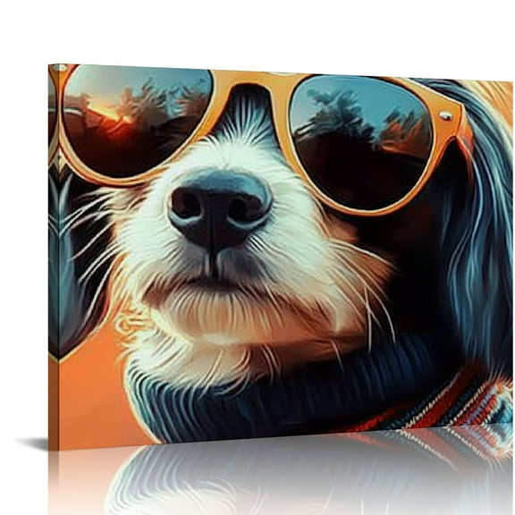 FCXZI Adorable Pup in Glasses Canvas Art Pet-Themed Wall Decor Playful Dog Canvas Print Animal Pictures  Puppy Artwork for Home and Office Delightful Gift Idea 16x12in