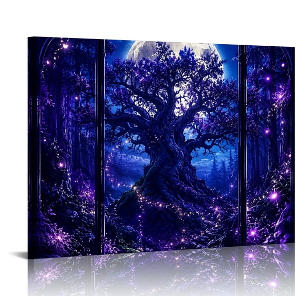 FCXZI Ancient Tree Under Full Moon HD Print Framed Canvas Wall Art Ready to Hang for Bedroom Living Room Dorm Decor 20x16in
