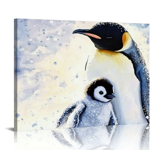 FCXZI Animal Wall Art Lovely Penguin Canvas Prints Bathroom Decor Adelie Penguins Painting Watercolor Art Printing for Kids Baby Boy Girl Bedroom Living Room Office Decor 16x12in