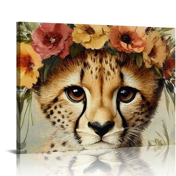 FCXZI Animal Wall Decor Retro Animals Print for Baby Boy Girl,Leopard with Red Flowers Wall Art, Nursery Picture Framed for Kids Nursery Bedroom Living Room Office Home Decor 20x16in