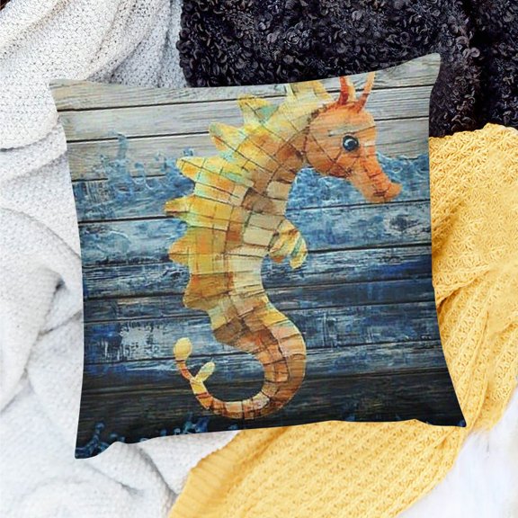FCXZI Antique Starfish Nautical Coastal Seahorse Pillow Cover Watercolor Sea Waves Sailing Ship Check Pillow Nautical Ocean Pillows Nursery Decor Linen Sofa Pillows for Sofa Chair 18x18in