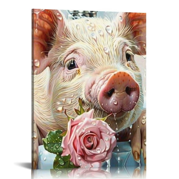FCXZI Bathroom Wall Art Cute Pig Rose Painting Funny Animal Picture Canvas Prints, Modern Watercolor Artwork for Bedroom Living Room Kitchen Dinning Room Home Office Wall Decor 16x20in