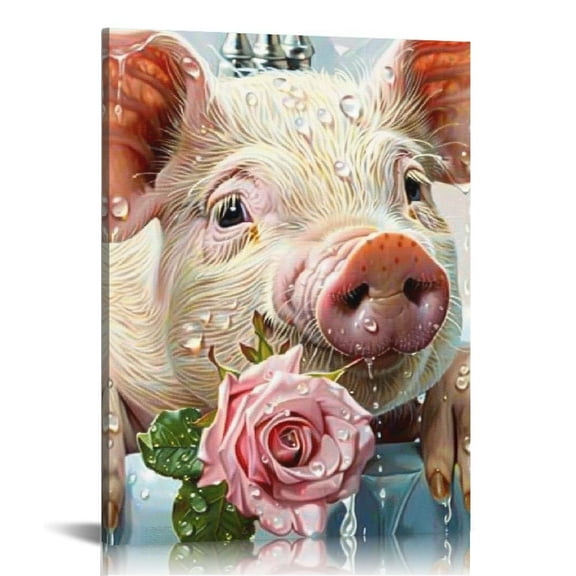 FCXZI Bathroom Wall Art Cute Pig Rose Painting Funny Animal Picture Canvas Prints, Modern Watercolor Artwork for Bedroom Living Room Kitchen Dinning Room Home Office Wall Decor 12x16in