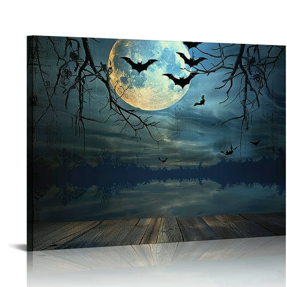 FCXZI Bats Full Moon Canvas Print Wall Decor Halloween Art Ready To Hang Home Decor 16x12in