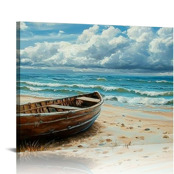 FCXZI Beach Decor Wall Art Coastal Ocean Waves Boat Pictures Wall Decor Vintage Nature Nautical Canvas Prints Seagull Seascape Artwork Decorations for Bathroom Living Room Bedroom Office 20x16in
