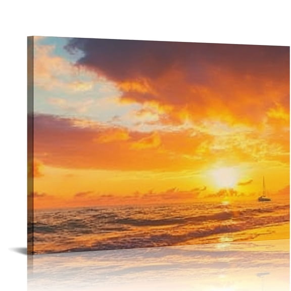 FCXZI Beach Wall Art Decor Golden Sunset Painting Seascape Theme Pictures Gold Ocean Palm Tree Prints on Canvas for Living Room, Bedroom, Bathroom, Kitchen or Home Office Decoration 20x16in
