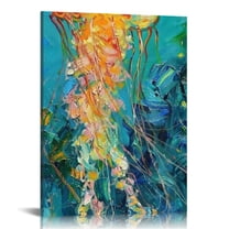 FCXZI Beach Wall Art Nautical Decor Ocean Coastal Jellyfish Jelly Fish Canvas Pictures for Bathroom Bedroom Room Home House Decorations Artwork Painting Teal Themed 12x16in
