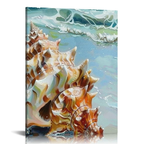 FCXZI Beach Wall Art Nautical Decor Ocean Coastal Seashell Shell Conch Canvas Pictures for Bathroom Bedroom Room Home House Decorations Artwork Painting Teal Themed 12x16in